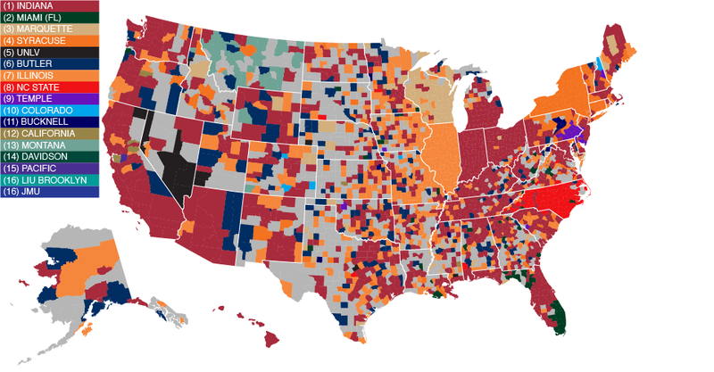 Illustration for article titled Facebook Data Give Us The Best Fandom Map of the NCAA Tournament